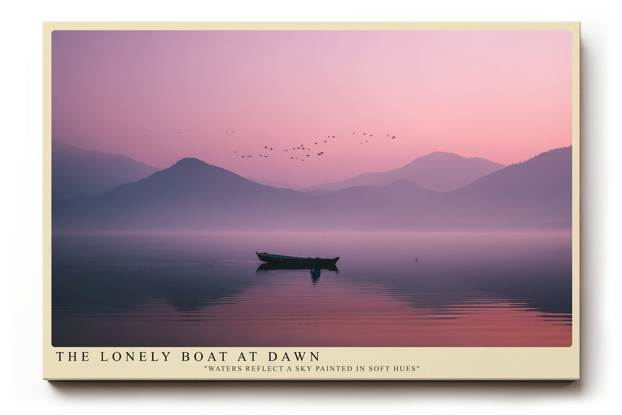 Paul Sinus Wandbild The Lonely Boat at Dawn Poetische Szenerie eines einsamen Bootes in rosa-blauem Morgenlicht – Symbol für Stille und Neuanfang.