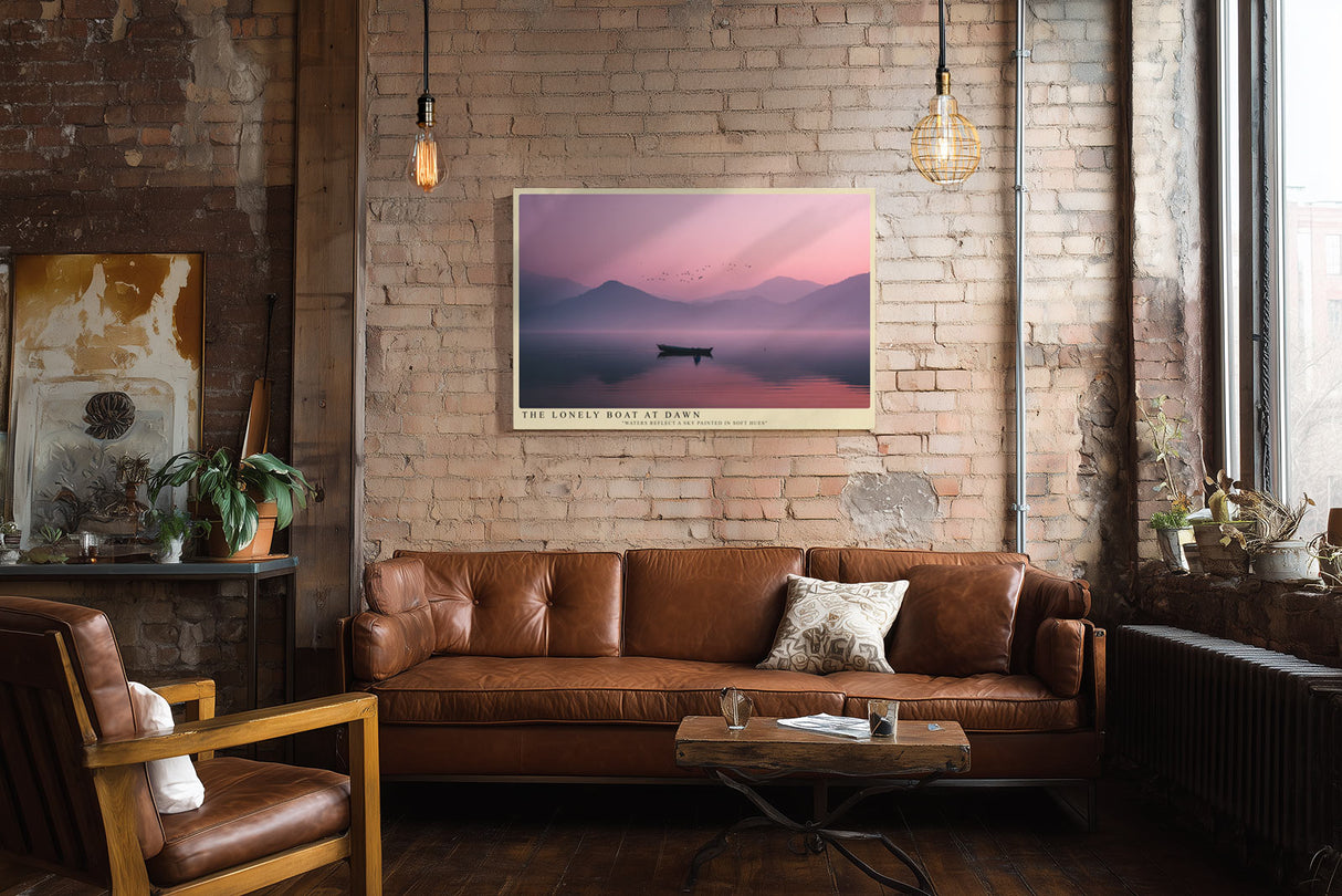 Paul Sinus Wandbild The Lonely Boat at Dawn Poetische Szenerie eines einsamen Bootes in rosa-blauem Morgenlicht – Symbol für Stille und Neuanfang.