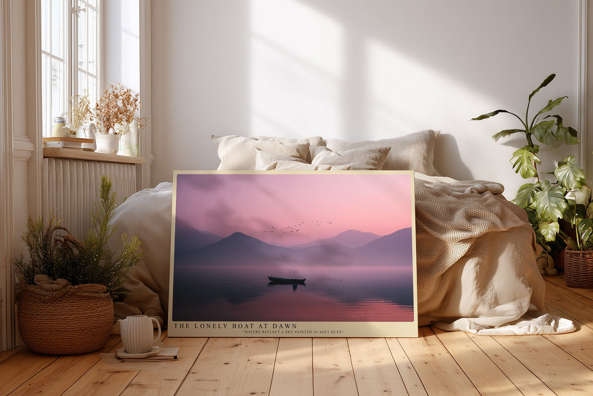 Paul Sinus Wandbild The Lonely Boat at Dawn Poetische Szenerie eines einsamen Bootes in rosa-blauem Morgenlicht – Symbol für Stille und Neuanfang.