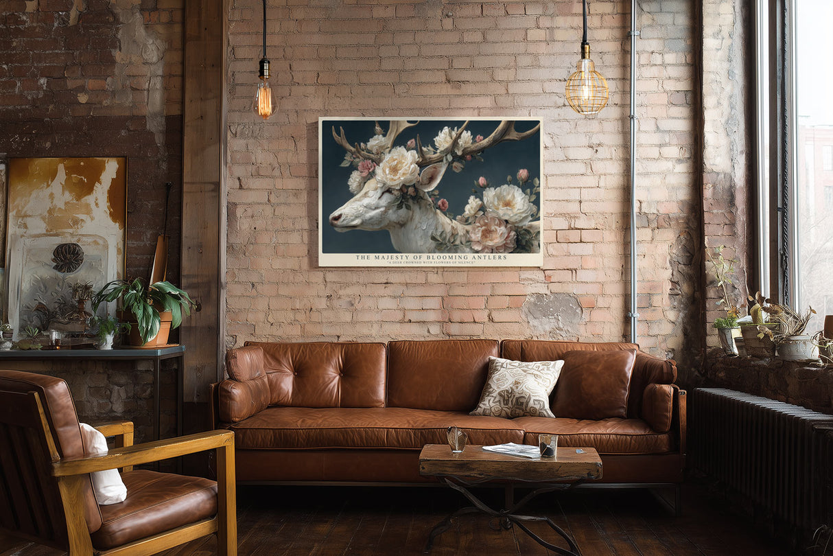 Paul Sinus Wandbild The Majesty of Blooming Antlers – Poetisches Tiermotiv eines weißen Hirsches mit blühendem Geweih, Symbol für Reinheit und Naturkraft