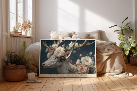 Paul Sinus Wandbild The Majesty of Blooming Antlers – Poetisches Tiermotiv eines weißen Hirsches mit blühendem Geweih, Symbol für Reinheit und Naturkraft