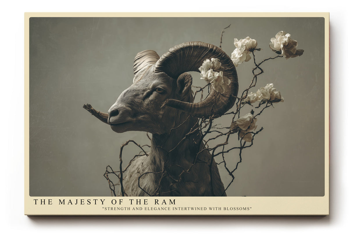 Paul Sinus Wandbild The Majesty of the Ram Eindrucksvolles Porträt eines Widders mit geschwungenen Hörnern, umrahmt von zarten Blüten und Zweigen.