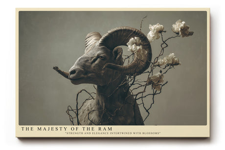 Paul Sinus Wandbild The Majesty of the Ram Eindrucksvolles Porträt eines Widders mit geschwungenen Hörnern, umrahmt von zarten Blüten und Zweigen.