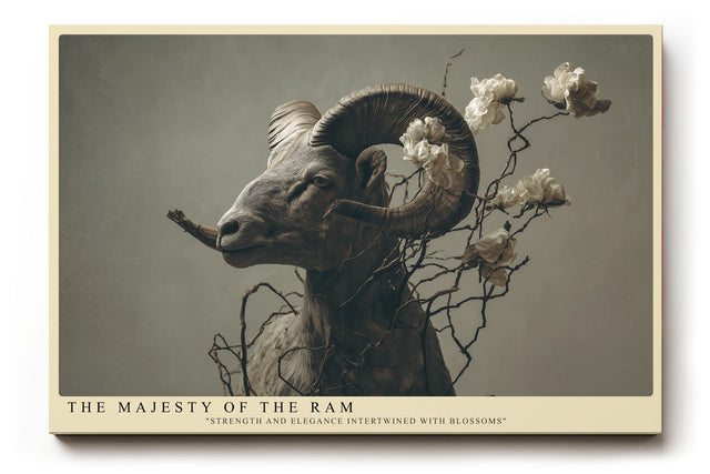 Paul Sinus Wandbild The Majesty of the Ram Eindrucksvolles Porträt eines Widders mit geschwungenen Hörnern, umrahmt von zarten Blüten und Zweigen.