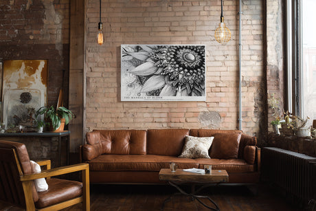 Paul Sinus Wandbild The Mandala of Bloom Detaillierte Schwarz-Weiß-Zeichnung eines floralen Mandalas mit fein ausgearbeiteten Linien und ornamentaler Tiefe.