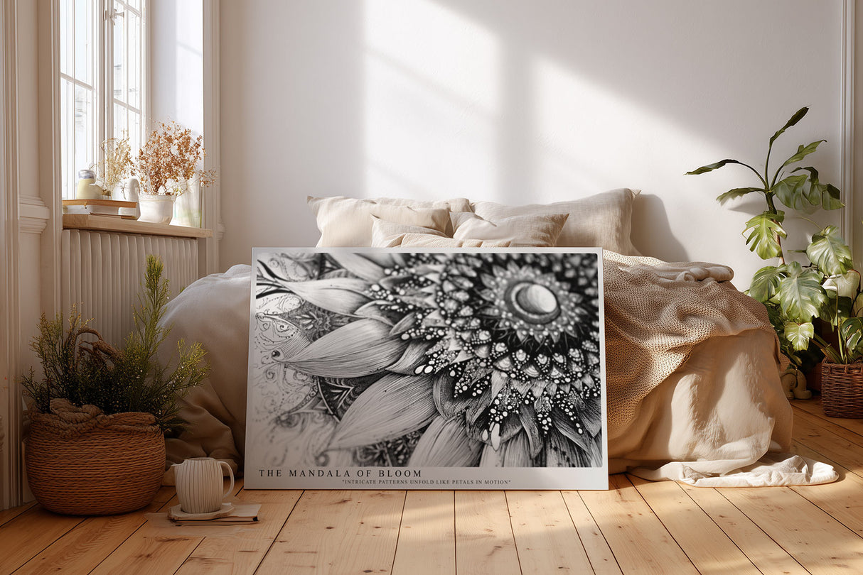 Paul Sinus Wandbild The Mandala of Bloom Detaillierte Schwarz-Weiß-Zeichnung eines floralen Mandalas mit fein ausgearbeiteten Linien und ornamentaler Tiefe.