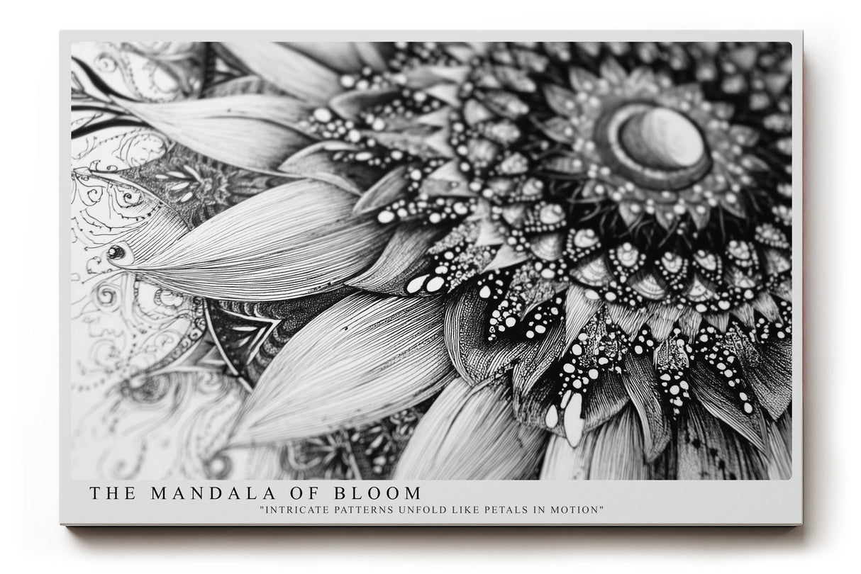 Paul Sinus Wandbild The Mandala of Bloom Detaillierte Schwarz-Weiß-Zeichnung eines floralen Mandalas mit fein ausgearbeiteten Linien und ornamentaler Tiefe.
