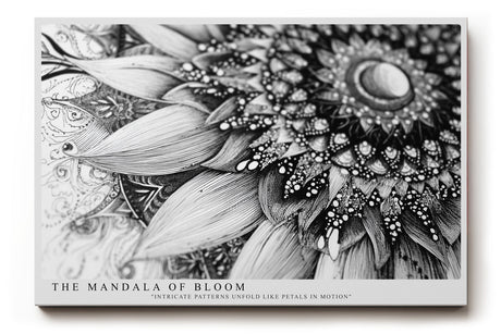 Paul Sinus Wandbild The Mandala of Bloom Detaillierte Schwarz-Weiß-Zeichnung eines floralen Mandalas mit fein ausgearbeiteten Linien und ornamentaler Tiefe.