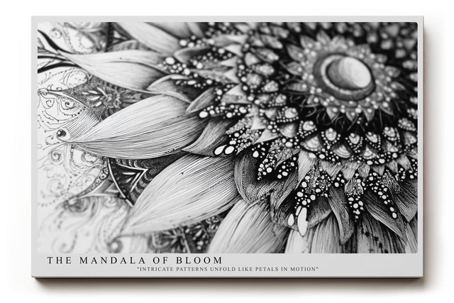 Paul Sinus Wandbild The Mandala of Bloom Detaillierte Schwarz-Weiß-Zeichnung eines floralen Mandalas mit fein ausgearbeiteten Linien und ornamentaler Tiefe.