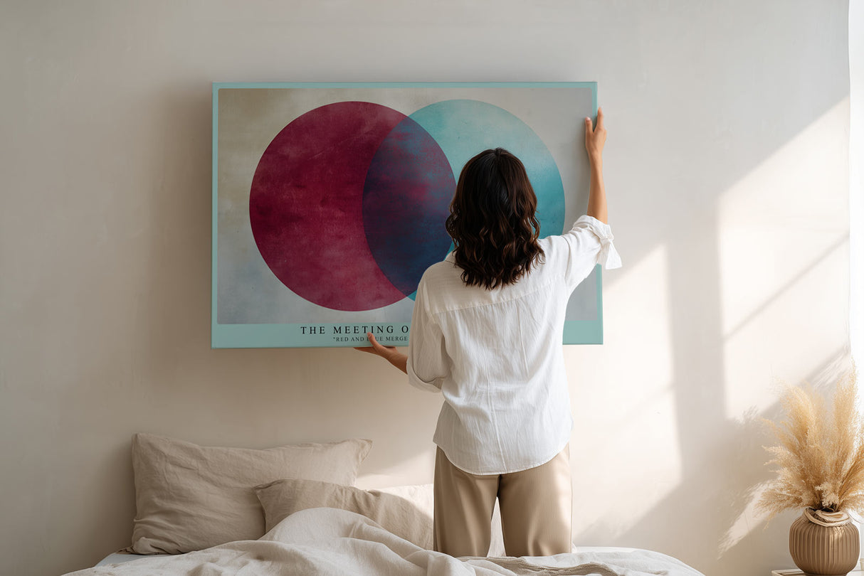 Paul Sinus Wandbild The Meeting of Two Circles minimalistisches Farbmotiv mit sich überschneidenden roten und blauen Kreisen