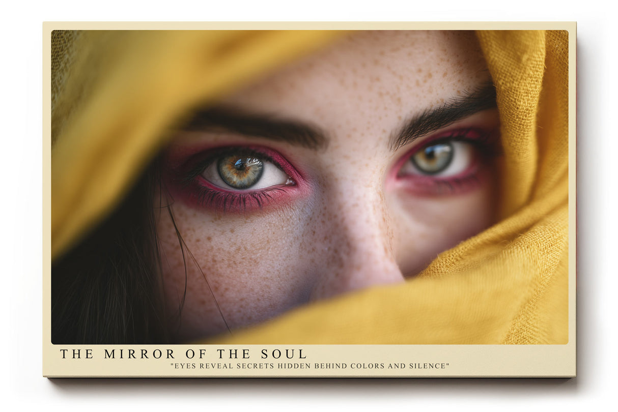 Paul Sinus Wandbild The Mirror of the Soul Ausdrucksstarkes Porträt mit intensiven Augen, die unter einem gelben Tuch hervorblicken und geheimnisvolle Tiefe ausstrahlen.