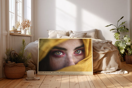 Paul Sinus Wandbild The Mirror of the Soul Ausdrucksstarkes Porträt mit intensiven Augen, die unter einem gelben Tuch hervorblicken und geheimnisvolle Tiefe ausstrahlen.