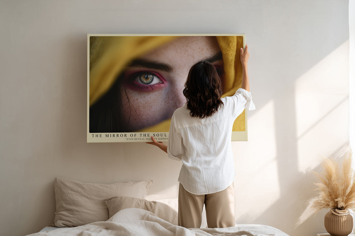 Paul Sinus Wandbild The Mirror of the Soul Ausdrucksstarkes Porträt mit intensiven Augen, die unter einem gelben Tuch hervorblicken und geheimnisvolle Tiefe ausstrahlen.