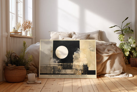 Paul Sinus Wandbild The Moon Above Fractured Walls – Abstraktes Kunstwerk in Schwarz, Weiß und Beige mit geometrischer Mondkomposition