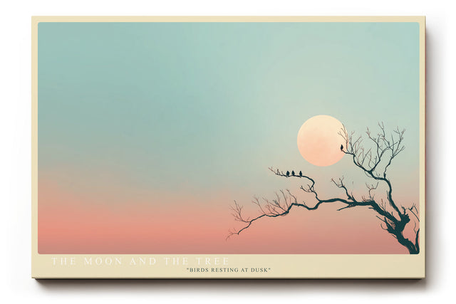 Paul Sinus Wandbild The Moon and the Tree minimalistisches Naturmotiv mit Mond, Baum und Vögeln in sanften Pastellfarben für ruhige moderne Interieurs