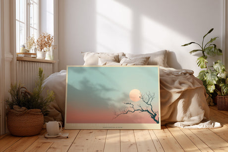 Paul Sinus Wandbild The Moon and the Tree minimalistisches Naturmotiv mit Mond, Baum und Vögeln in sanften Pastellfarben für ruhige moderne Interieurs