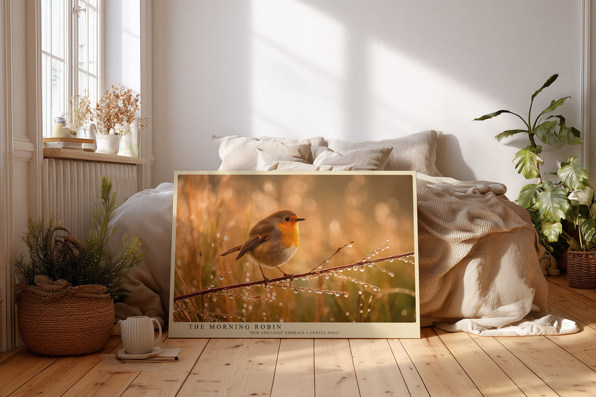 Paul Sinus Wandbild The Morning Robin – Zartes Rotkehlchen im goldenen Morgenlicht, Symbol für Hoffnung und den Beginn eines neuen Tages