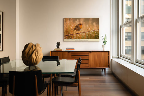 Paul Sinus Wandbild The Morning Robin – Zartes Rotkehlchen im goldenen Morgenlicht, Symbol für Hoffnung und den Beginn eines neuen Tages