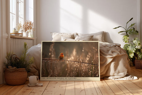 Paul Sinus Wandbild The Morning Spark of Nature – kleiner Vogel auf Grashalm im goldenen Morgenlicht symbolisiert Leichtigkeit und Natürlichkeit