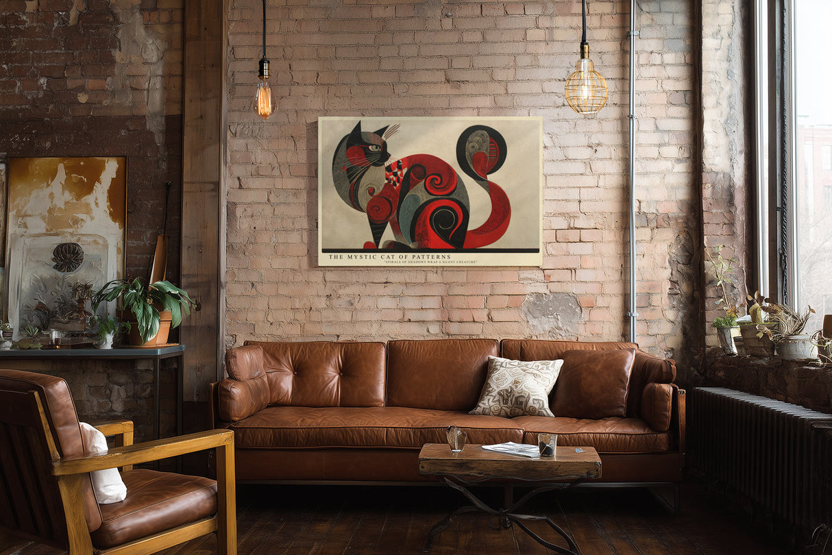 Paul Sinus Wandbild The Mystic Cat of Patterns – kunstvolle Darstellung einer Katze in Rot- und Schwarztönen mit geometrischen Mustern