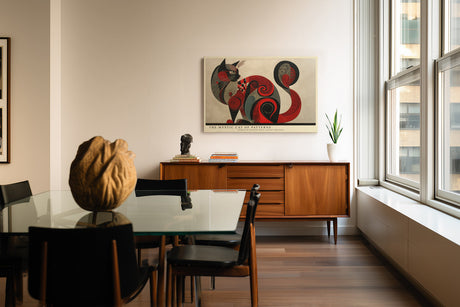 Paul Sinus Wandbild The Mystic Cat of Patterns – kunstvolle Darstellung einer Katze in Rot- und Schwarztönen mit geometrischen Mustern