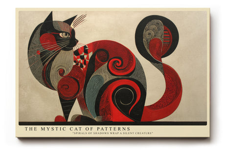 Paul Sinus Wandbild The Mystic Cat of Patterns – kunstvolle Darstellung einer Katze in Rot- und Schwarztönen mit geometrischen Mustern
