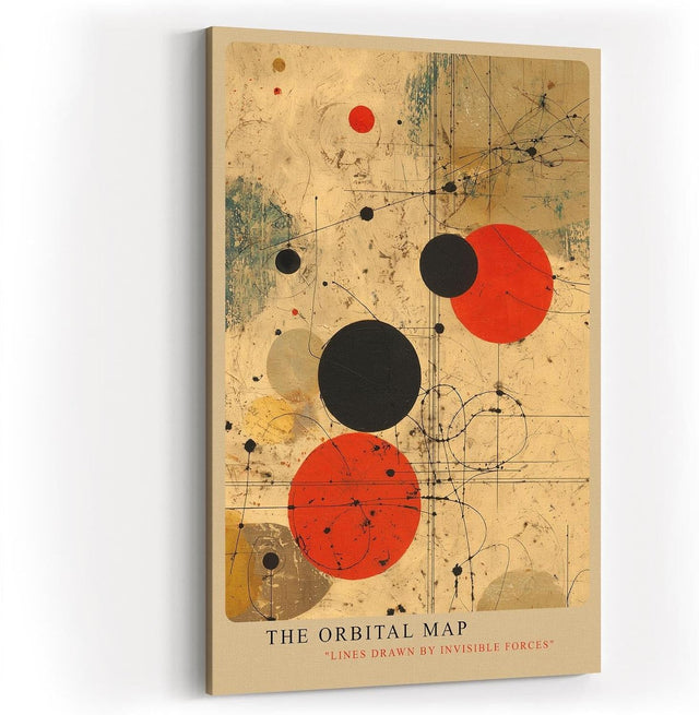 Paul Sinus Wandbild in 40x60cm The Orbital Map – Abstraktes Spiel aus roten und schwarzen Kreisen auf beigem Hintergrund mit feinen Linien wie unsichtbare Kräfte