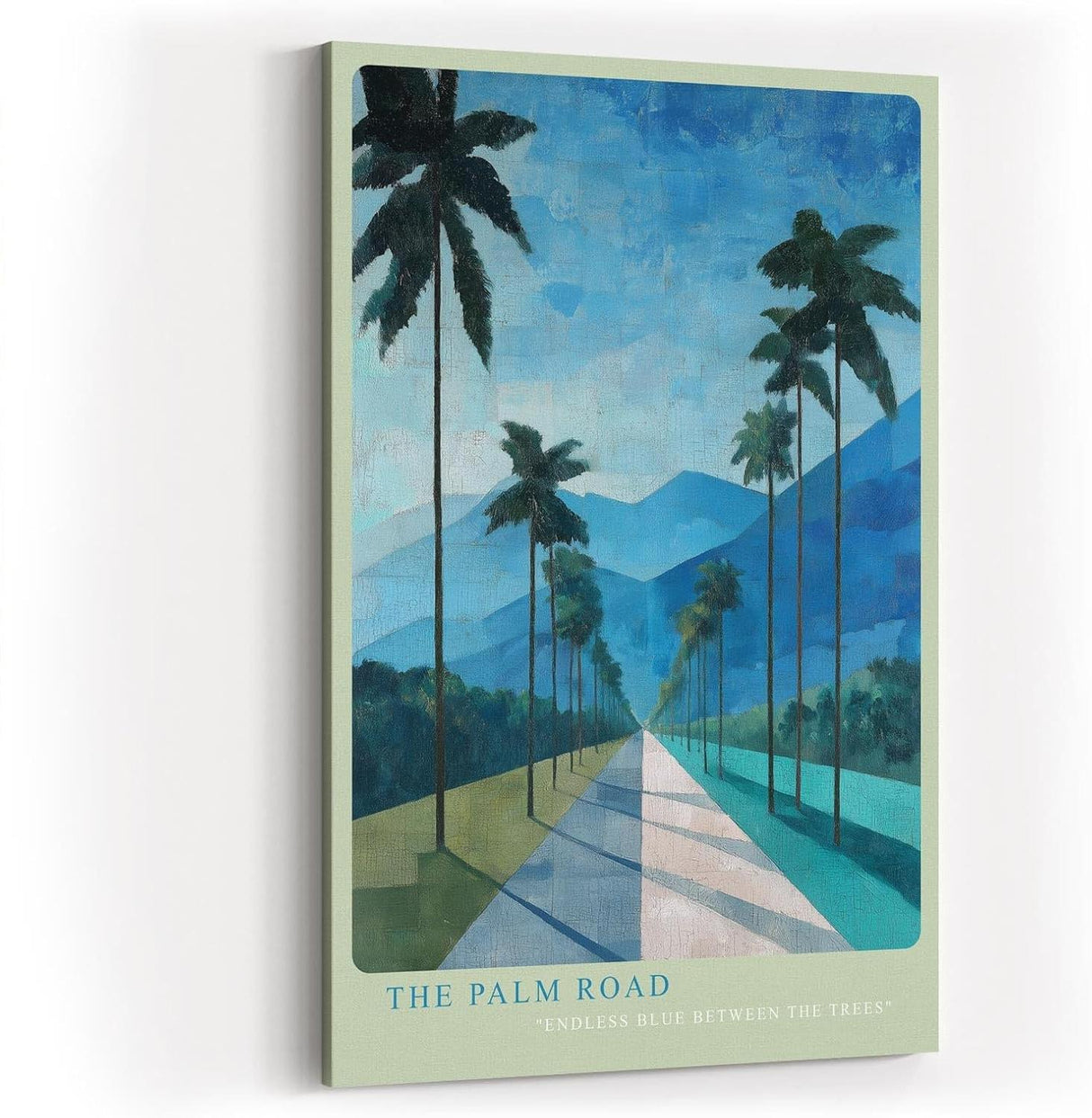 Paul Sinus Wandbild in 40x60cm The Palm Road mit malerischen Palmen und blauem Gebirgsblick in endloser Tiefe für stilvolle Raumgestaltung