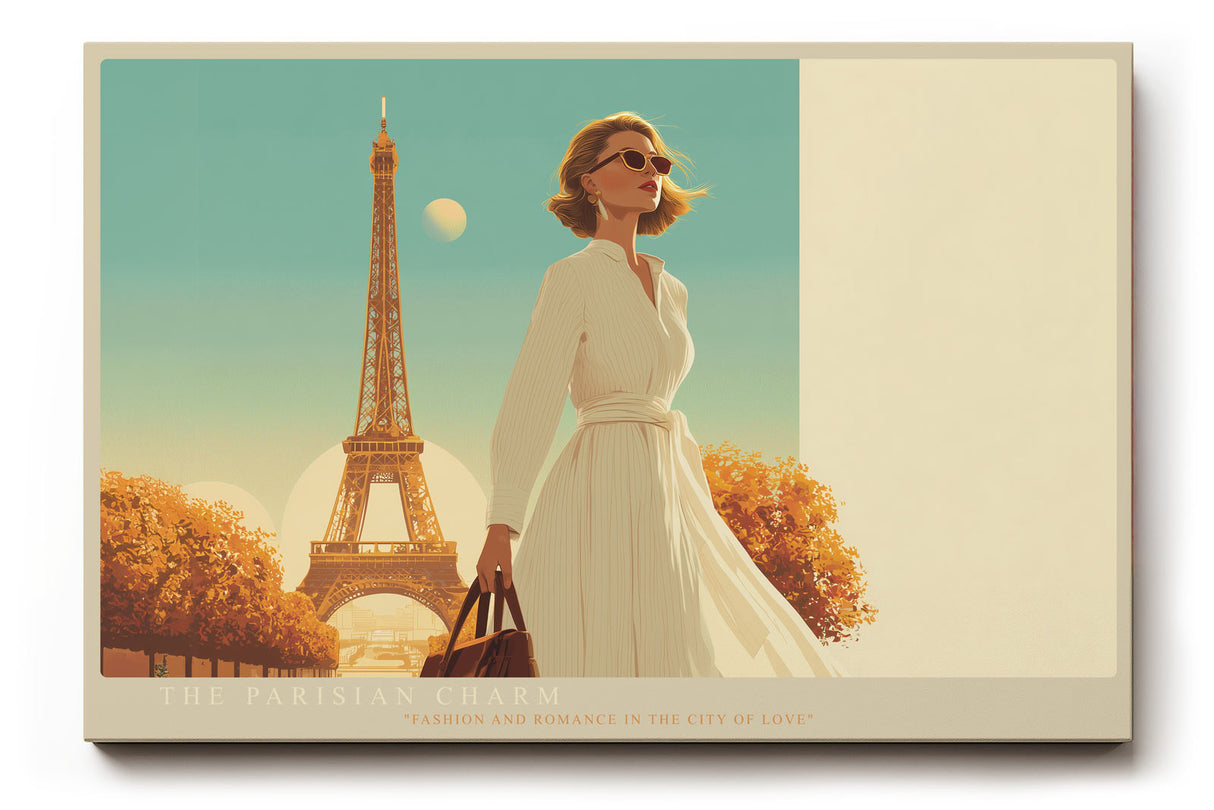 Paul Sinus Wandbild The Parisian Charm – Stilvolle Frau vor dem Eiffelturm in goldener Abendsonne