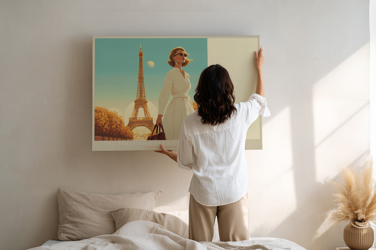 Paul Sinus Wandbild The Parisian Charm – Stilvolle Frau vor dem Eiffelturm in goldener Abendsonne