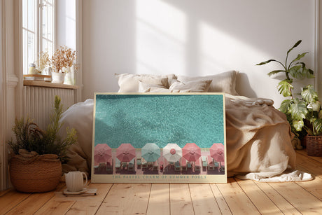 Paul Sinus Wandbild The Pastel Charm of Summer Pools – Luftaufnahme eines Pools mit pastellfarbenen Sonnenschirmen, modernes Retro-Sommermotiv