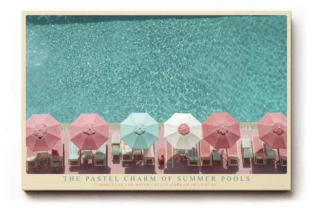 Paul Sinus Wandbild The Pastel Charm of Summer Pools – Luftaufnahme eines Pools mit pastellfarbenen Sonnenschirmen, modernes Retro-Sommermotiv
