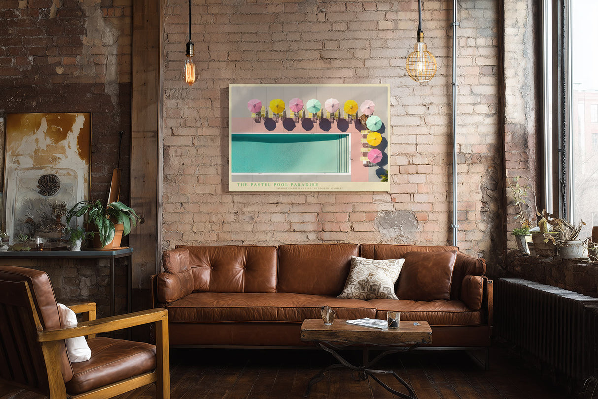 Paul Sinus Wandbild The Pastel Pool Paradise modernes Sommermotiv mit pastellfarbenen Sonnenschirmen am Pool