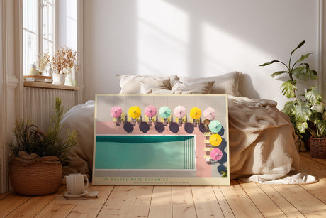 Paul Sinus Wandbild The Pastel Pool Paradise modernes Sommermotiv mit pastellfarbenen Sonnenschirmen am Pool