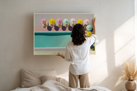 Paul Sinus Wandbild The Pastel Pool Paradise modernes Sommermotiv mit pastellfarbenen Sonnenschirmen am Pool