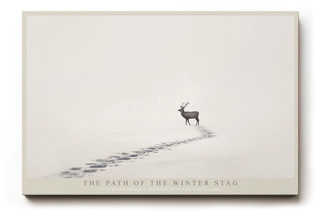 Paul Sinus Wandbild The Path of the Winter Stag – Minimalistisches Wintermotiv mit Hirsch und Fußspuren im Schnee, Symbol für Einsamkeit, Kraft und Beständigkeit