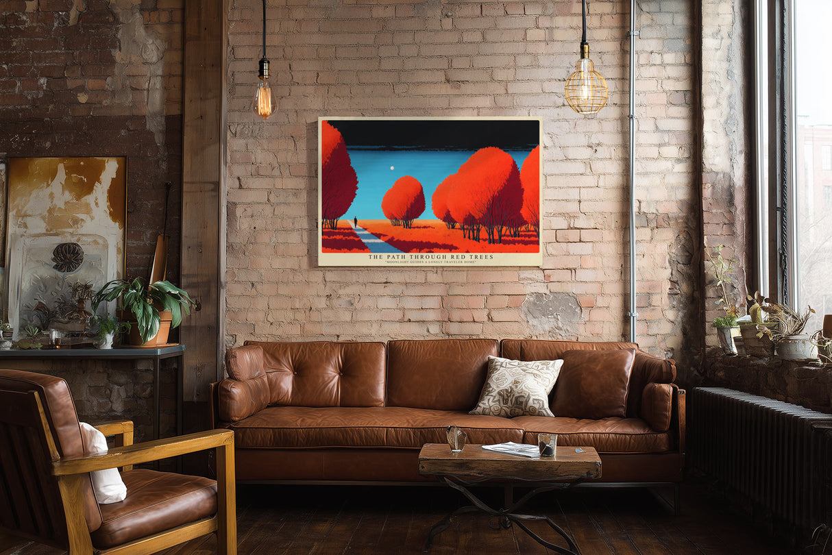 Paul Sinus Wandbild The Path Through Red Trees – stimmungsvolle Landschaft mit rotem Laub und einsamem Wanderer unter klarem Himmel