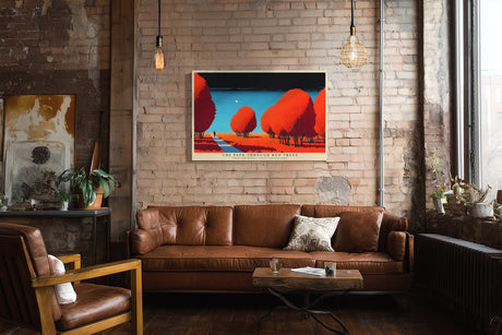 Paul Sinus Wandbild The Path Through Red Trees – stimmungsvolle Landschaft mit rotem Laub und einsamem Wanderer unter klarem Himmel