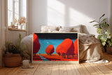 Paul Sinus Wandbild The Path Through Red Trees – stimmungsvolle Landschaft mit rotem Laub und einsamem Wanderer unter klarem Himmel