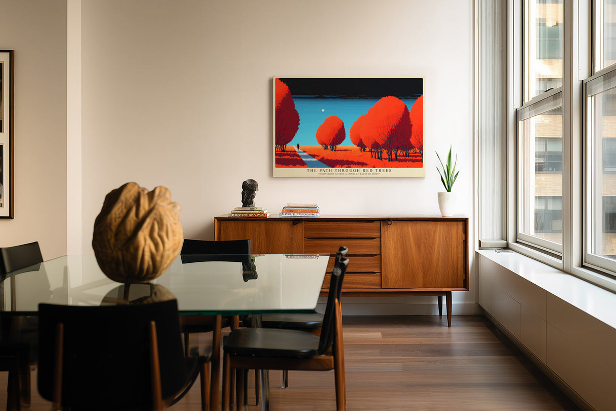 Paul Sinus Wandbild The Path Through Red Trees – stimmungsvolle Landschaft mit rotem Laub und einsamem Wanderer unter klarem Himmel