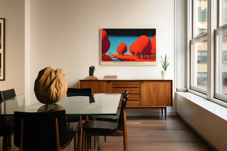 Paul Sinus Wandbild The Path Through Red Trees – stimmungsvolle Landschaft mit rotem Laub und einsamem Wanderer unter klarem Himmel