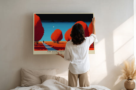 Paul Sinus Wandbild The Path Through Red Trees – stimmungsvolle Landschaft mit rotem Laub und einsamem Wanderer unter klarem Himmel
