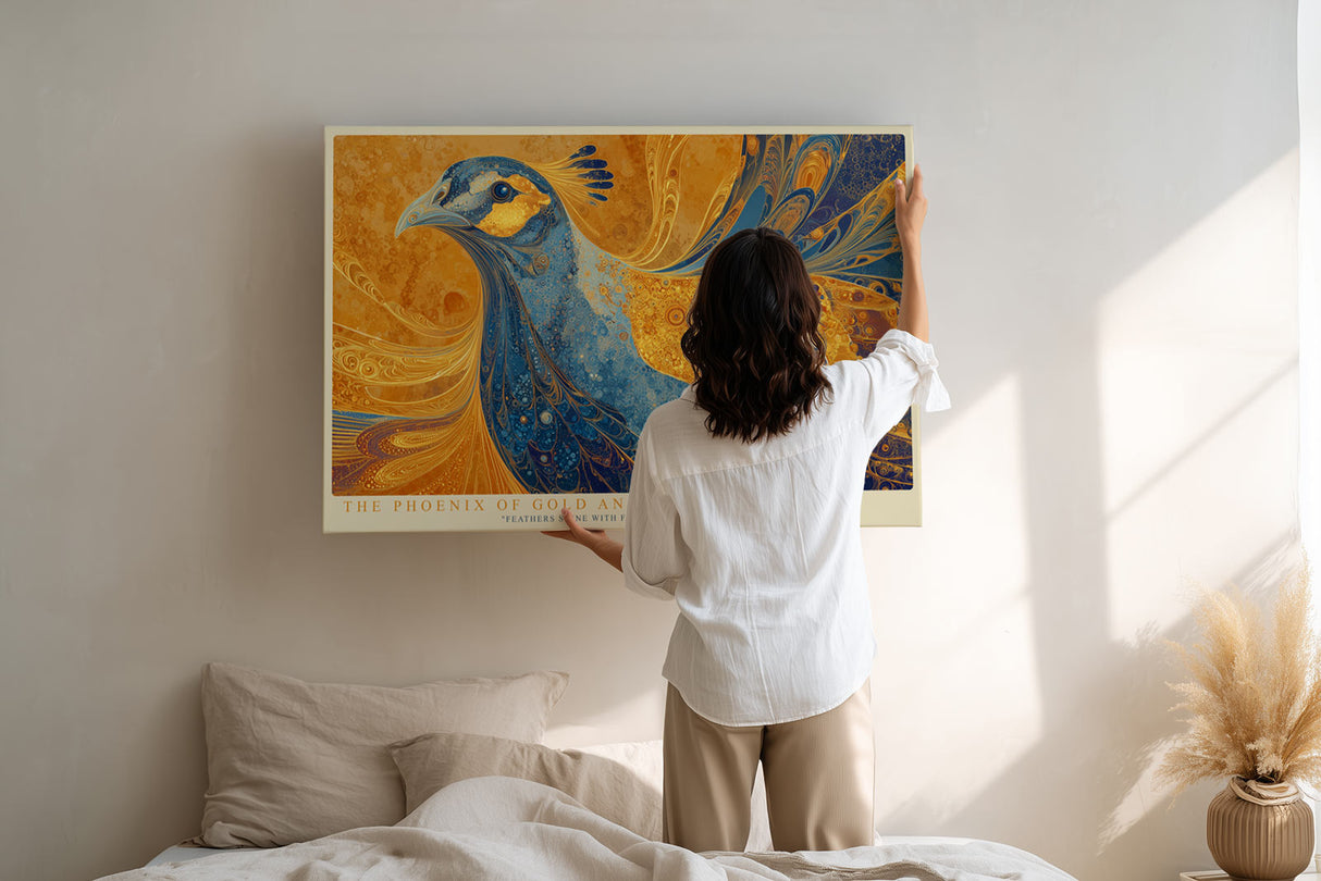 Paul Sinus Wandbild The Phoenix of Gold and Blue symbolisches Tiermotiv mit goldenen und blauen Ornamentfedern