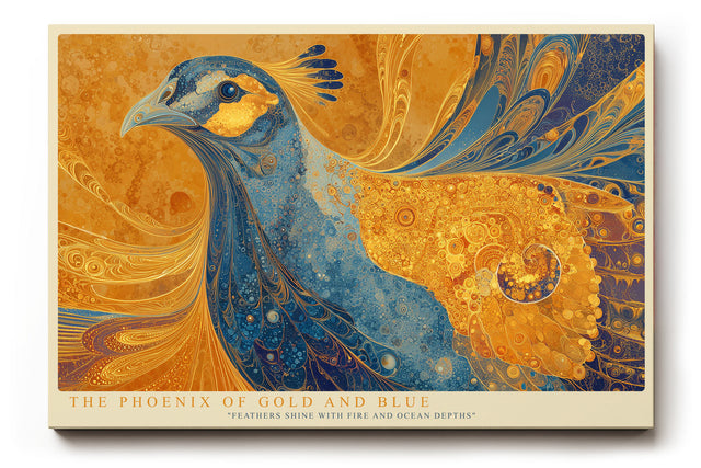 Paul Sinus Wandbild The Phoenix of Gold and Blue symbolisches Tiermotiv mit goldenen und blauen Ornamentfedern