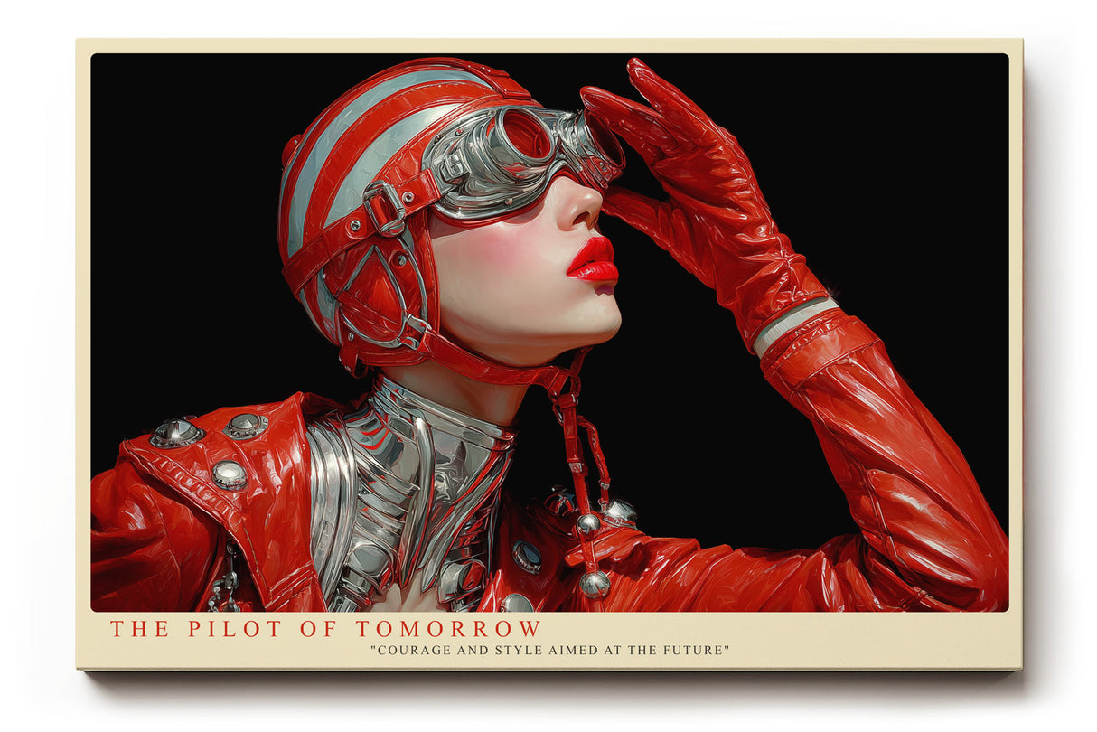 Paul Sinus Wandbild The Pilot of Tomorrow futuristisches Porträt einer Frau in roter Fliegerkleidung mit glänzender Rüstung und starkem Ausdruck