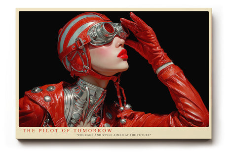 Paul Sinus Wandbild The Pilot of Tomorrow futuristisches Porträt einer Frau in roter Fliegerkleidung mit glänzender Rüstung und starkem Ausdruck