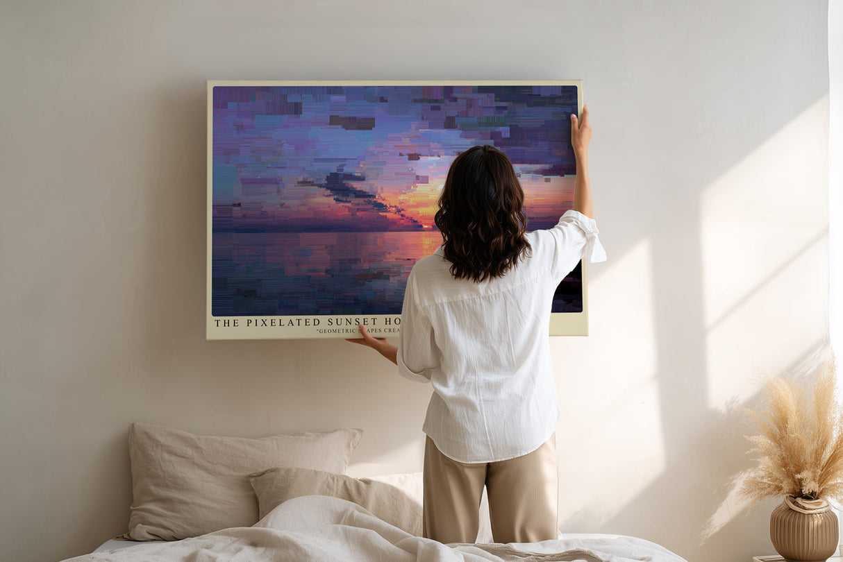 Paul Sinus Wandbild The Pixelated Sunset Horizon – Abstrakte Interpretation eines Sonnenuntergangs in geometrischen Farbflächen, Symbol für Moderne und Emotion