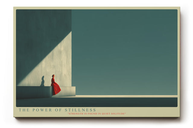 Paul Sinus Wandbild The Power of Stillness minimalistische Architekturszene mit Frau in Rot und ruhigem Lichtspiel für meditative Räume