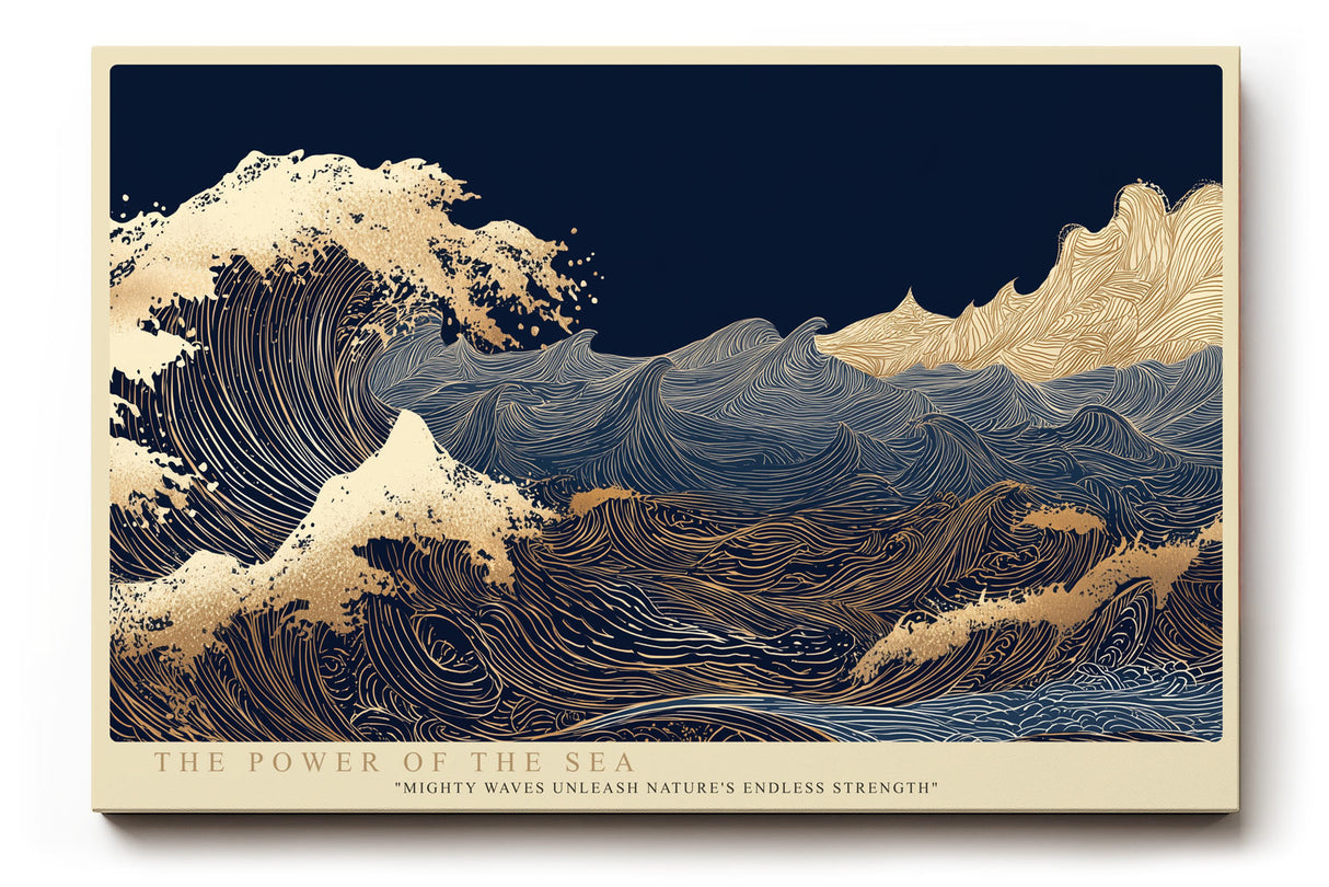 Paul Sinus Wandbild The Power of the Sea – dynamische Wellen in Blau und Gold symbolisieren die unbändige Kraft und Schönheit des Ozeans