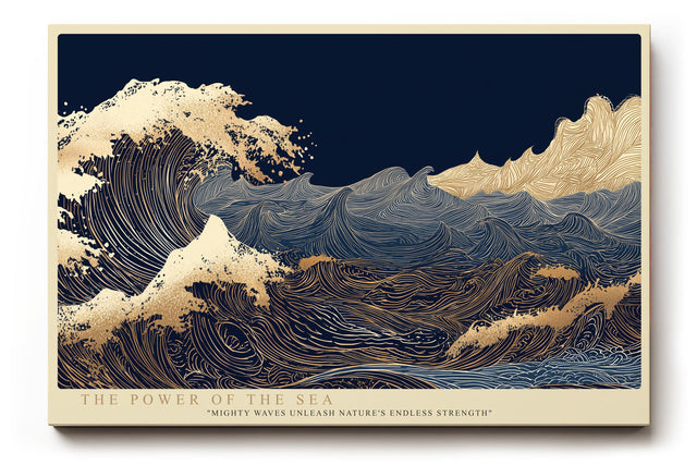 Paul Sinus Wandbild The Power of the Sea – dynamische Wellen in Blau und Gold symbolisieren die unbändige Kraft und Schönheit des Ozeans